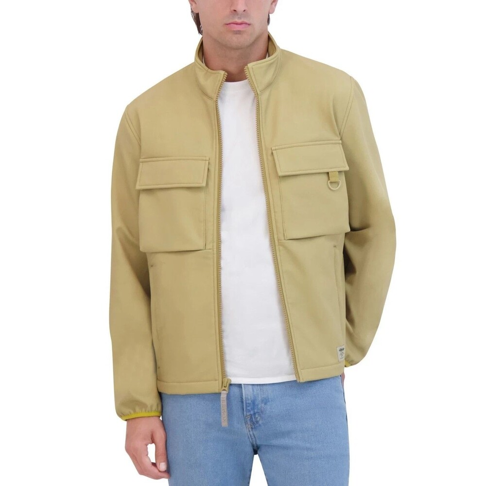 HUDSON Jacket Mens Large Tan Soft Shell Utility Pockets Stand Collar $158